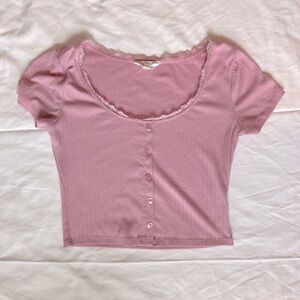 Pink Lace-Trimmed Button-Up Top